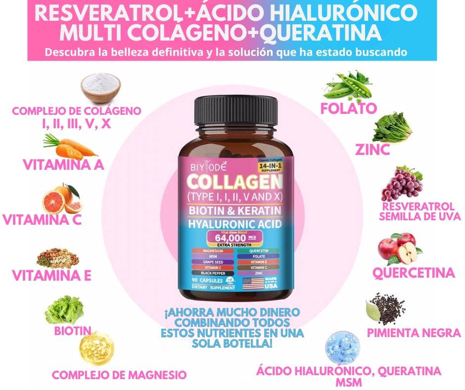 Resveratrol+Ácido Hialurónico+Multi Colágeno+Queratina+Biotín+Quercetina+Magnesio+Ácido Fólico+Vitaminas