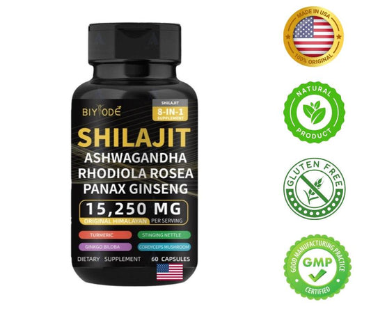 Fusión Poderosa del Himalaya (8 en 1) Shilajit 9000 mg+Panax Ginseng+Ashwagandha+Rhodiola rosea+Cúrcuma+Ginkgo biloba+Ortiga picante+Hongo cordyceps (60 cápsulas)